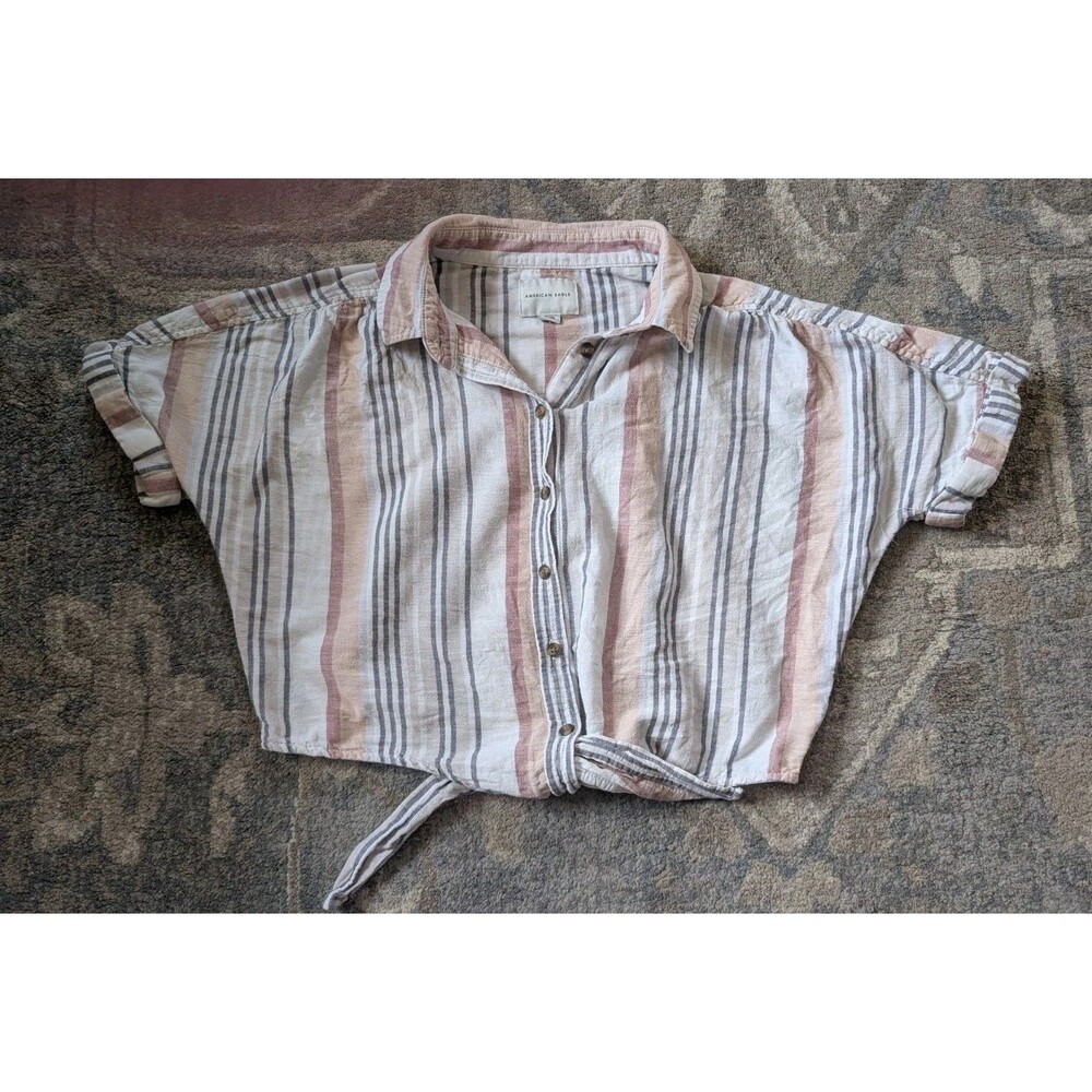 American Eagle Women's M Linen Cotton Stripe Tie-Front Cropped Blouse Top Boho